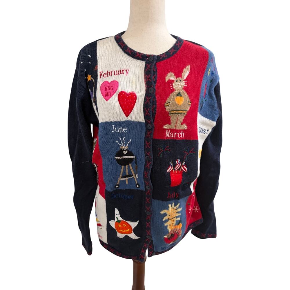The Quacker Factory Monthly Holiday Cardigan Sweater Embroidered Teacher Size M